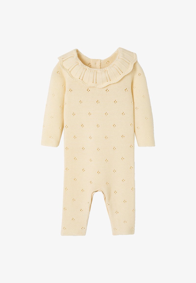 Knit yellow onesie with a ruffled collar, long sleeves, and textured patterns of small diamond shapes throughout the fabric.