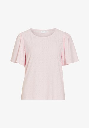 Blouse rose clair à manches courtes en tissu ajouré, encolure ronde et manches légèrement bouffantes.