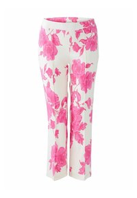 Pantalon à fleurs sur fond blanc, présentant des motifs floraux roses vibrants, coupe décontractée et taille élastiquée pour le confort.