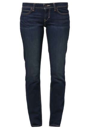 Tummansiniset slim-fit-farkut, joissa edessä ja takana taskut, nappisuljenta ja näkyvät saumat.