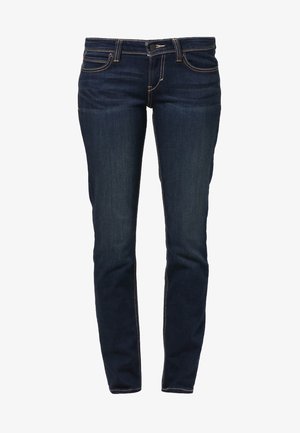 Donkerblauwe slim-fit spijkerbroek met voor- en achterzakken, knoopsluiting en zichtbare stiksel details.