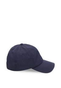 Navy blue baseball cap with a curved brim, made of lightweight fabric, detailed with stitching and a single top button.