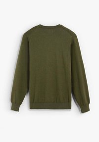 Suéter de lana color verde oliva, con un escote redondo y mangas largas ligeramente abullonadas. Presenta puños y dobladillo acanalados para un ajuste estructurado.