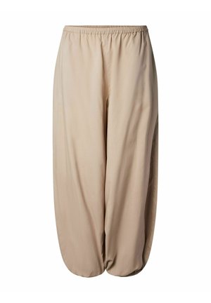 Beige bukser med løs passform, elastisk midjebånd og elastiske ankelmansjetter, laget av lett stoff.