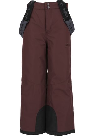 Pantaloni da neve color bordeaux con accenti neri, spallacci regolabili e esterno impermeabile. Presentano una vestibilità ampia e gambe inferiori rinforzate per la durabilità.