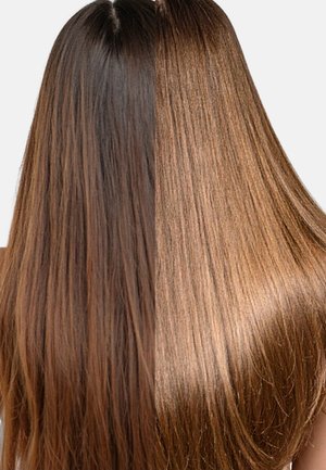 Cabello largo dividido en dos: el lado izquierdo es castaño oscuro con textura lisa, y el lado derecho es castaño claro con acabado liso y brillante.