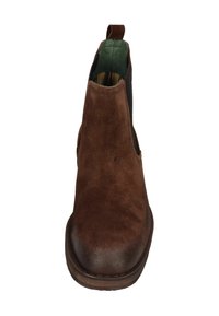 Braune Wildleder-Ankle-Boots mit runder Spitze, elastischen Seitenpanelen und einer Zuglasche. Das Innere weist ein grünes Futter und ein kariertes Muster auf.