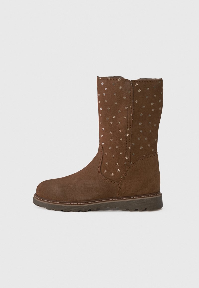 Brown suede mid-calf boots with a round toe, adorned with small metallic stars on one side, featuring a textured sole for grip.
