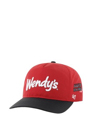 Red baseball cap with a black brim, featuring white embroidered text "Wendy's" on the front and "Kaulig Racing" on the side.