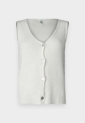 Cardigã branco sem mangas feito de tecido de malha texturizada, apresentando um decote em V profundo e cinco botões na frente, com um design suave e casual.