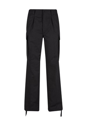 Pantalons cargo noirs avec une coupe décontractée, comprenant des poches latérales, un design plissé à l'avant, des liens ajustables aux chevilles et fabriqués à partir d'un tissu durable.