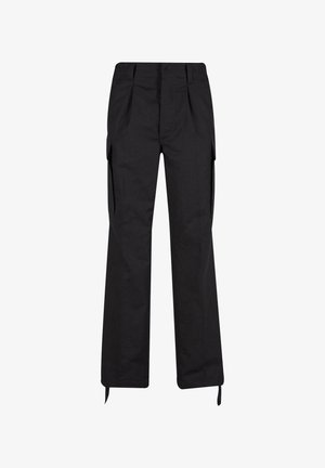 Pantaloni cargo negri, cu o croială lejeră, având buzunare laterale, design pliabil pe față, șnururi ajustabile la glezne și confecționați dintr-un material durabil.