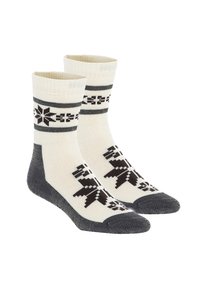 Kniestrümpfe in Creme mit dunkelgrauen Akzenten. Sie verfügen über ein Schneeflockenmuster und horizontale Streifen in Schwarz. Gefertigt aus gestricktem Material mit einer strukturierten Oberfläche.