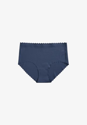 Ropa interior femenina sin costuras de color azul marino con bordes ondulados y corte de talle medio, mostrada sobre un fondo blanco liso.
