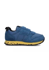 Scarpa sportiva blu con tomaia in tessuto e suede, banda in Velcro regolabile e suola in gomma gialla con un motivo a zigzag.
