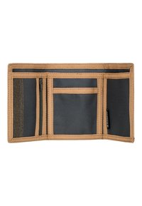 Portafoglio di tessuto marrone con molteplici scomparti, inclusa una sezione con zip, e una texture liscia. L'interno presenta colori scuri a contrasto.