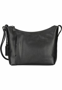Schwarze Lederhandtasche mit strukturierter Oberfläche, lässiger Form, Reißverschluss oben und abnehmbarem Schultergurt.