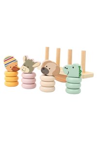 Stacking toy with four colored rings: yellow, pink, beige, and green, topped with animal heads: duck, deer, dog, and dinosaur. Made of wood.