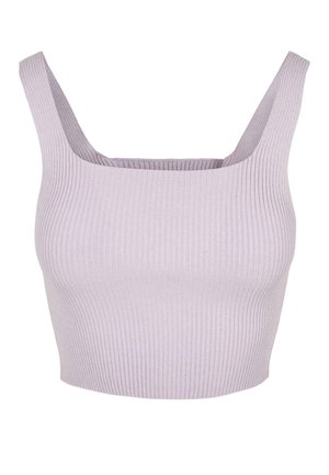 Pletený bezrúškový crop top v světle levandulové barvě. Má čtvercový výstřih a těsný střih, vyrobený z elastického pleteného materiálu.