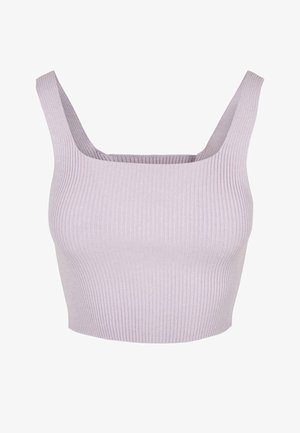 Top court sans manches à côtes de couleur lavande claire. Présente un décolleté carré et une silhouette ajustée, fabriqué en matériau tricoté extensible.