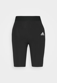 Czarne dopasowane szorty wykonane z elastycznego materiału, z szerokim paskiem w talii i małym białym logo Adidas po lewej stronie.