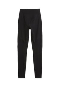 Leggings noirs taille haute, longueur intégrale, avec une finition lisse et des détails subtils de coutures aux hanches et aux genoux.
