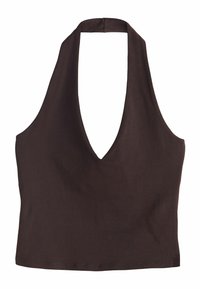 Top maro crop cu spatele gol și guler halter, cu decolteu adânc în V, fabricat din material moale. Prezintă un design mulat, fără modele sau accente vizibile.