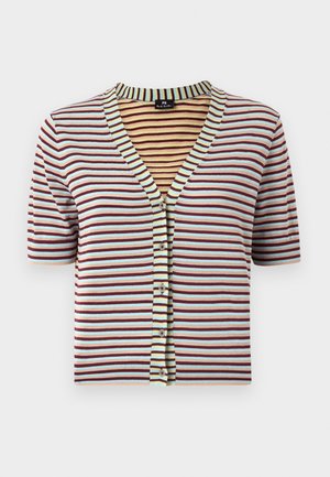 Krótki kardigan z krótkim rękawem, w poziome paski w kolorach niebieskim, burgundowym i kremowym. Posiada dekolt w serek oraz pięć guzików z przodu.