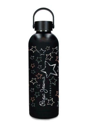 Botella de agua de metal negro con estrellas contorneadas multicolores y texto "Pepe Jeans London", con un asa negra en la tapa.