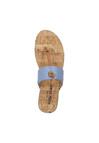Cork sandals with a light blue synthetic upper and tan leather accent. Flat sole with a textured cork finish, featuring a toe loop.