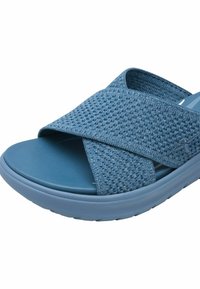 Sandale bleue à glissière avec des brides en textile à motif croisé et une semelle rembourrée. Surface lisse, design léger et matériau durable.