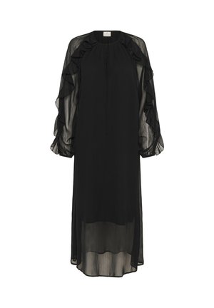Musta midi-mekko, jossa on läpinäkyvät pitkät puffi-hihat ja röyhelöyksityiskohdat olkapäillä ja hihoissa. Mekko on väljä, korkealla kaula-aukolla ja edessä solmittavalla nauhalla.
