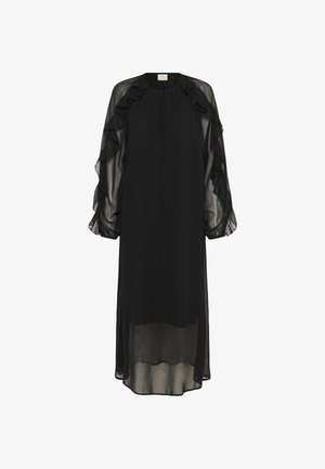 Juoda midi suknelė su permatomomis ilgomis pūstomis rankovėmis ir volanų detalėmis aplink pečius ir rankoves, laisvas siuvimas, aukštas apykaklė ir priekinis užrišimas.