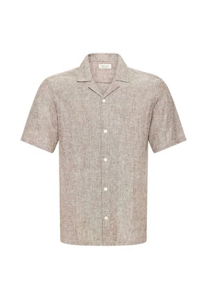 Camisa de lino beige de manga corta con cuello campestre y botones blancos en la parte delantera.