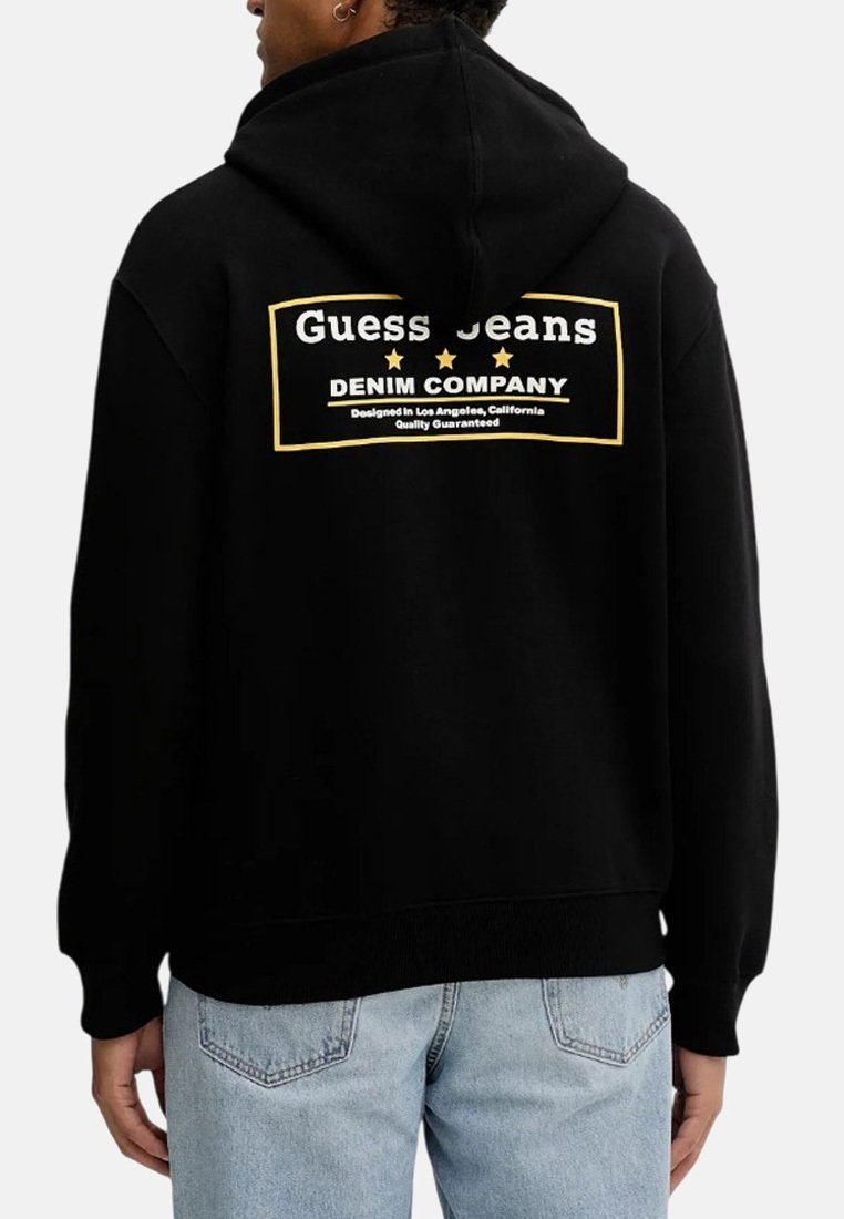 Felpa nera con cappuccio caratterizzata da un grande logo bianco e giallo sul retro, con testo e stelle. Realizzata in un tessuto morbido con tasca a marsupio.