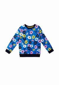 Blauer gerippter Pullover mit floralem Muster in Rosa, Gelb und Weiß, und marineblauen Akzenten am Kragen und an den Ärmeln.