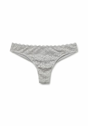 Gray lace thong featuring scalloped edges and a floral pattern, made of soft lace material, with a minimalistic design and no additional accents.