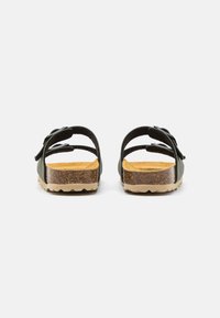 Sandales en cuir noir avec deux sangles réglables, une semelle en liège et une semelle extérieure en caoutchouc texturé. La vue arrière met en avant la forme et le design.