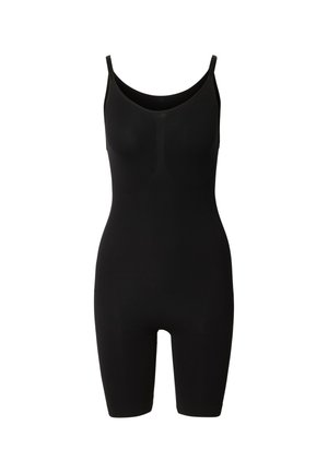 Musta hihaton saumaton body, jossa ohuet olkaimet ja reisien puoliväliin ulottuvat lahkeet, suunniteltu istumaan tiukasti ja sileästi.