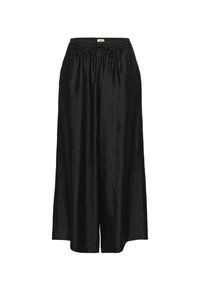 Schwarze, weit geschnittene Culottes aus einem strukturierten Stoff. Verfügt über einen elastischen Bund und eine verstellbare Schnur für den perfekten Sitz.