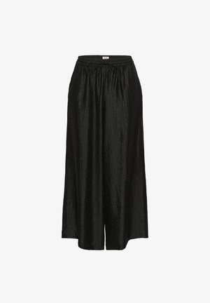 Black, wide-leg culottes made from a textured fabric. Features an elastic waistband and adjustable drawstring for fit.