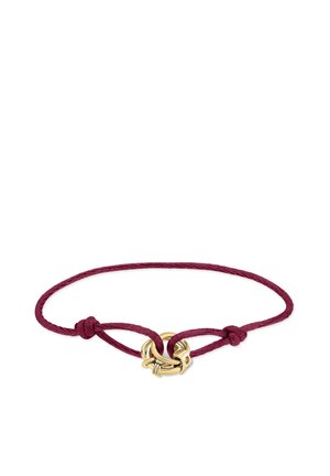 Thin purple cord bracelet with a central gold knot-shaped charm and two adjustable knots on each side.
