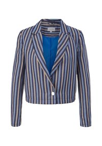 Blazer rayé en marine, crème et bleu clair. Il présente un col cranté, une fermeture à un seul bouton et une coupe courte. Texture de tissu lisse.