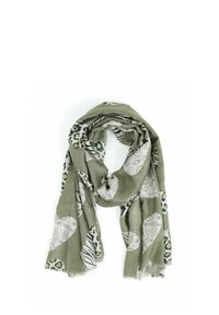 Sciarpa verde oliva chiaro con disegni astratti di cuori e motivi animali in beige, nero e crema, piegata in modo morbido su sfondo bianco.