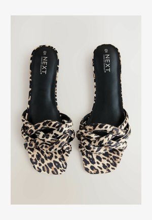 Luipaardprint slipper sandalen met een geknoopt bandontwerp, voorzien van een platte zool en een gladde zwarte inlegzool.