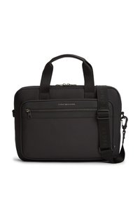 Μαύρη τσάντα για λάπτοπ από λείο υλικό, με εμπρόσθια τσέπη με φερμουάρ, διπλές λαβές και ρυθμιζόμενο ιμάντα ώμου με λογότυπο.