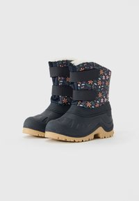 Gyerek téli csizmák virágmintás textil felsőrésszel, fekete gumitalppal, bézs, strapabíró talppal és dupla tépőzárral.