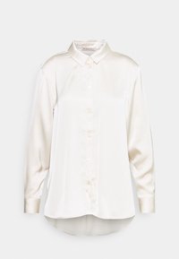 Weißes Satin-Hemd mit langen Ärmeln, Button-Down-Kragen, Knopfleiste vorne und abgerundetem Saum. Es zeichnet sich durch eine glatte, glänzende Textur und eine lockere Passform aus.