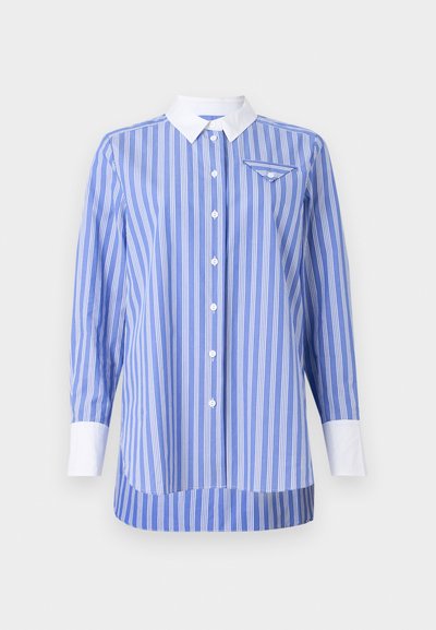 Blue and white striped shirt with long sleeves, button-down front, and white collar and cuffs. Features a small pocket on the left chest.
