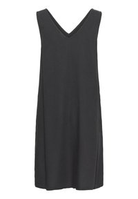 Schwarzes ärmelloses Kleid mit V-Ausschnitt, aus einem weichen, atmungsaktiven Stoff. Es hat eine lockere Passform und einen knielangen Saum.